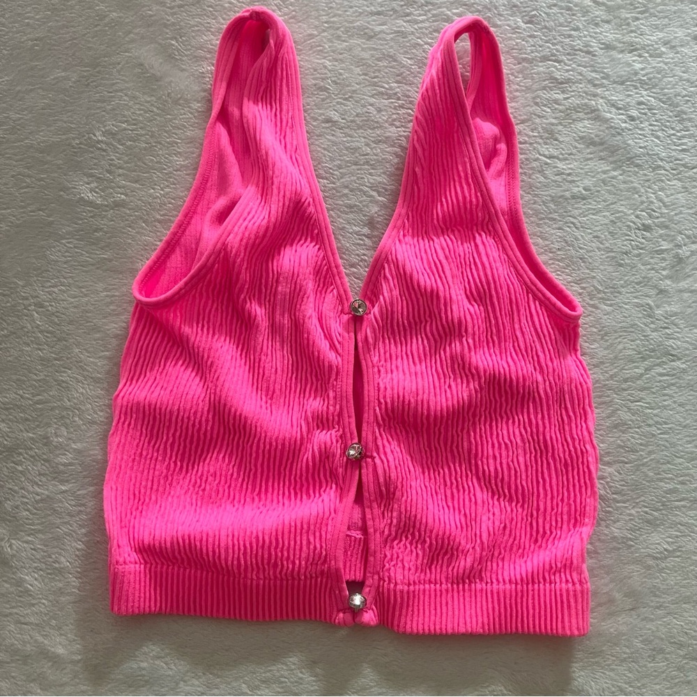 ANWND Neon Wavy Ribbed Cropped Tank with Rhinestone Buttons S/M Hot Pink Sparkly